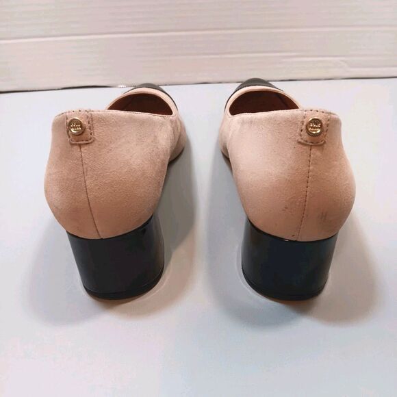 Cole Haan W26302 Suede Cap Toe Block Heel Pumps Tan/Nude Black Patent 8B - Picture 4 of 11